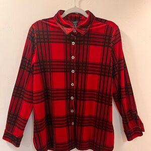 Intro. Stretch Button Down Top Deep Red & Black Plaid Size Medium